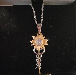 Gold and Silver Sunflower Caduceus Medical Symbol Pendant Necklace